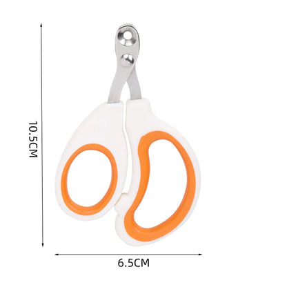 Pet nail clippers with orange handles and measurements on a white background